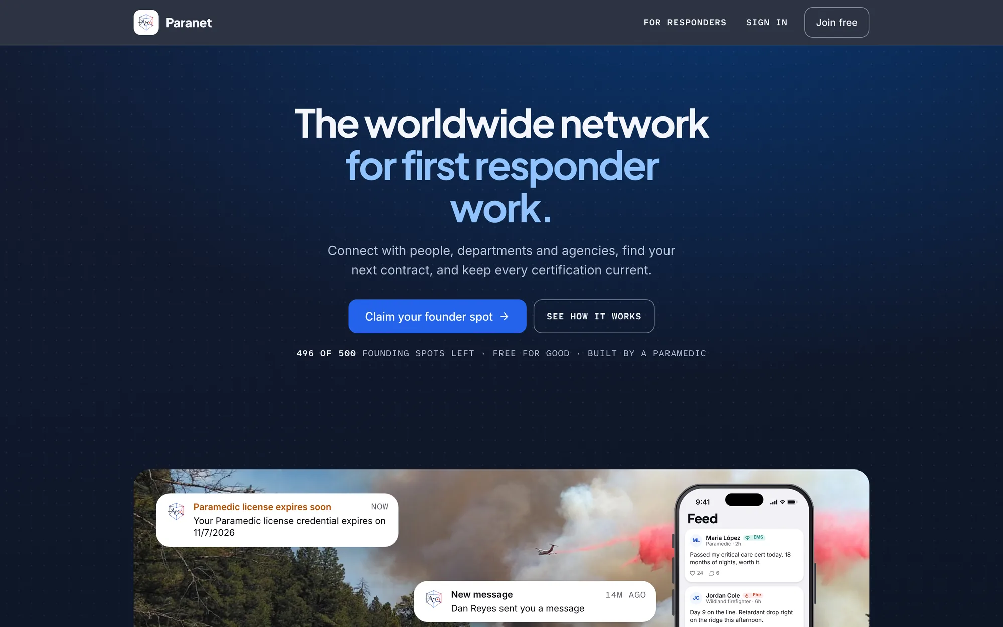 ParaNet home page: the worldwide network for first-responder work, with a founder sign-up