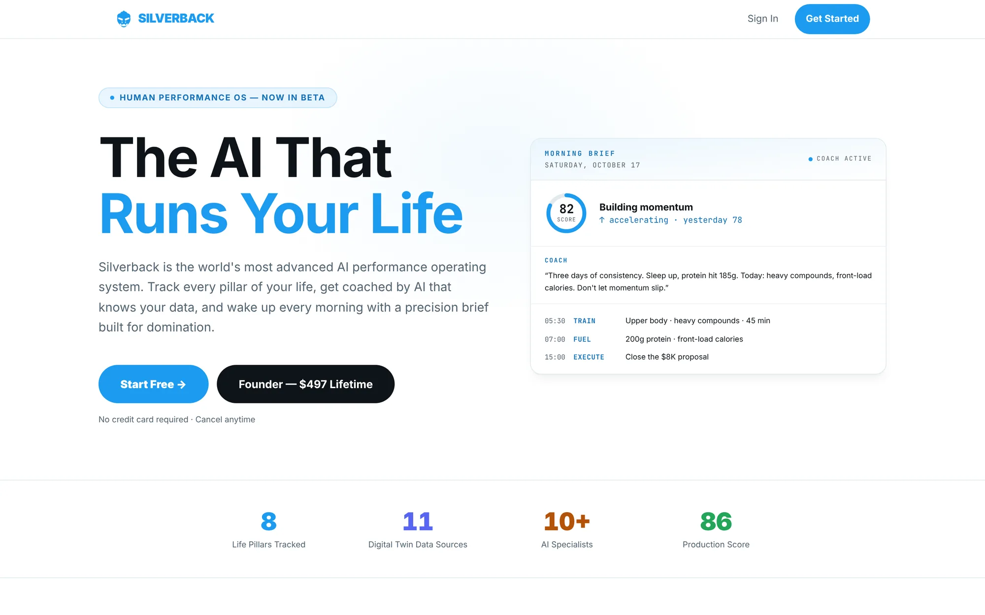 Silverback home page: “The AI that runs your life”, with a morning brief card